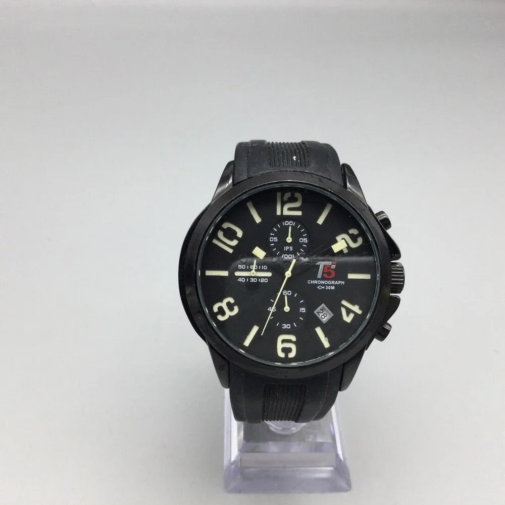 T5 Chronograph Watch Mens 44mm Black Dial Black Rubber Strap Date New Battery